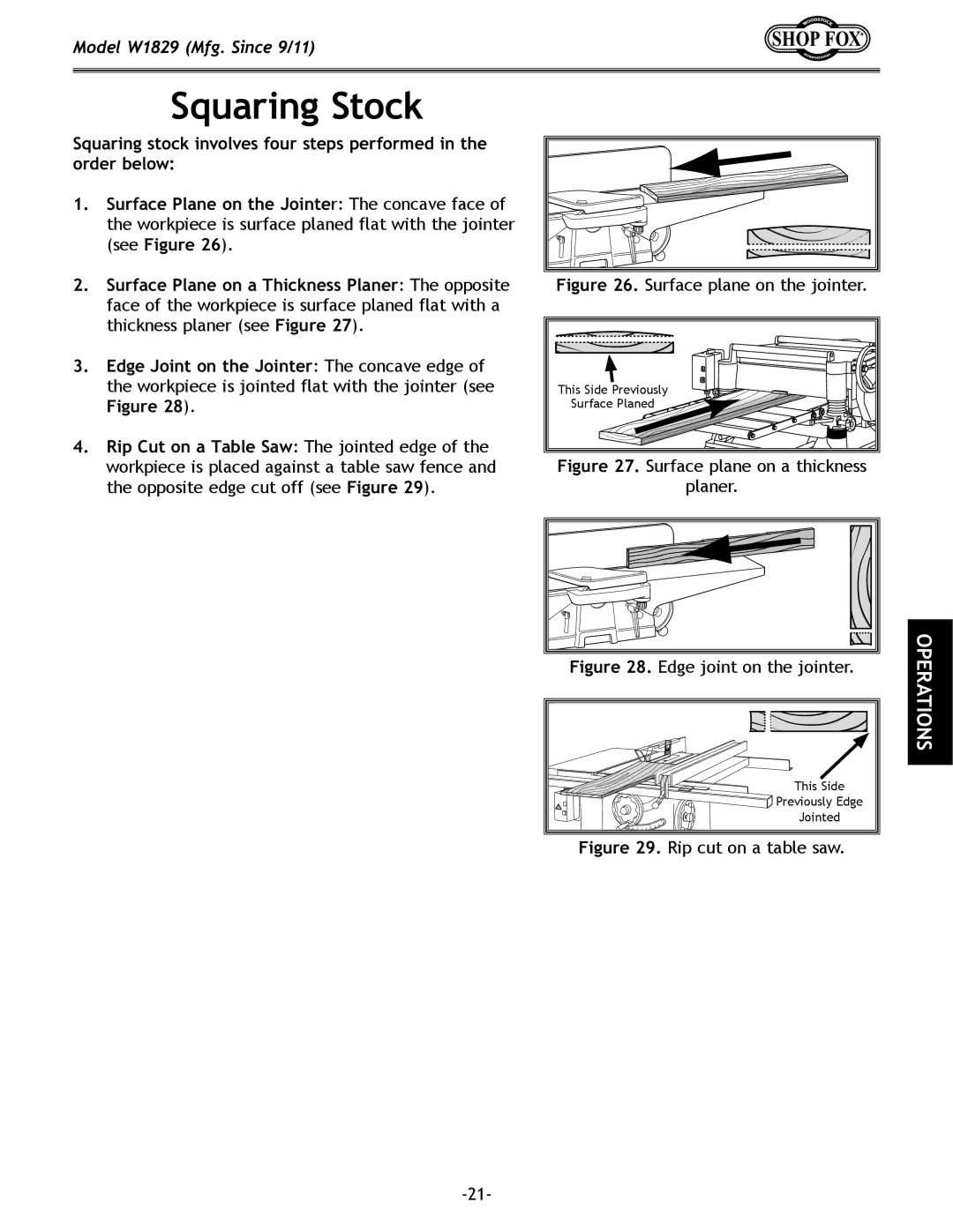 Woodstock W1829 manual Squaring Stock, Surface plane on the jointer 