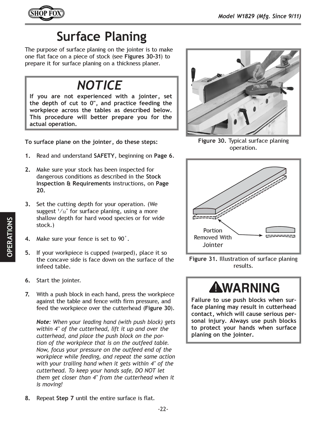 Woodstock W1829 manual Surface Planing, Jointer 