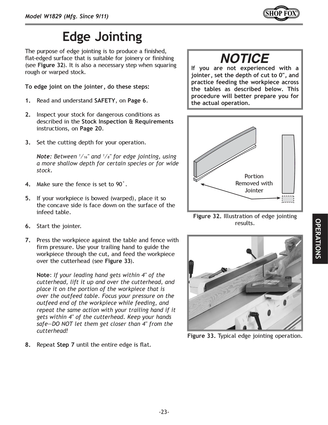 Woodstock W1829 manual Edge Jointing, To edge joint on the jointer, do these steps 