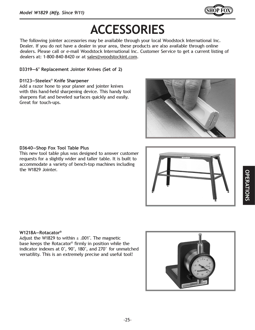 Woodstock W1829 Accessories, D3319-6 Replacement Jointer Knives Set, D3640-Shop Fox Tool Table Plus, W1218A-Rotacator 
