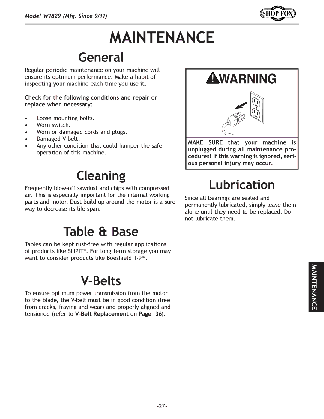 Woodstock W1829 manual Maintenance, Cleaning, Table & Base, Belts, Lubrication 