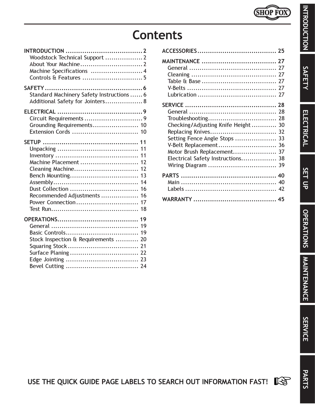 Woodstock W1829 manual Contents 