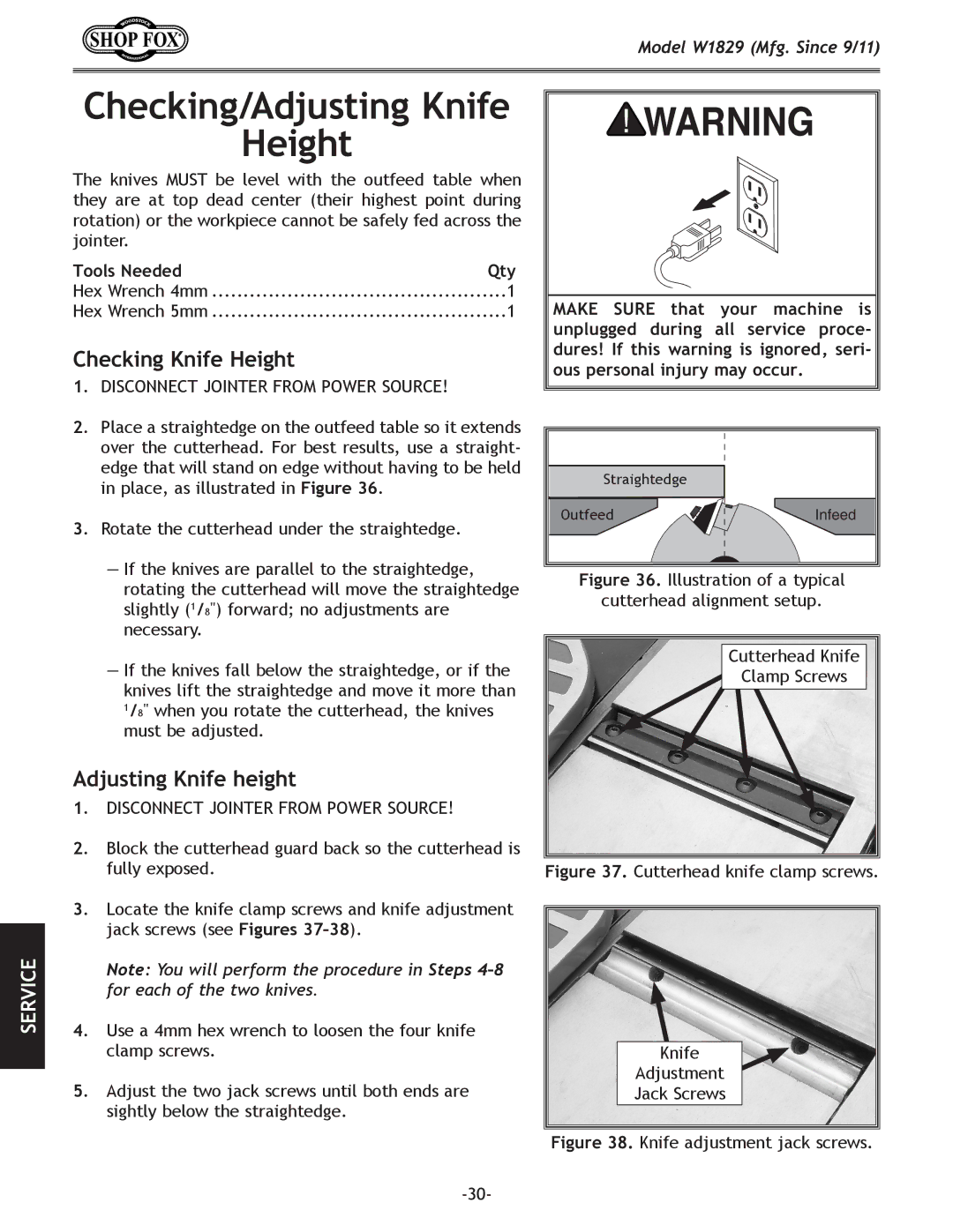 Woodstock W1829 manual Checking/Adjusting Knife Height, Checking Knife Height, Adjusting Knife height, Tools Needed Qty 