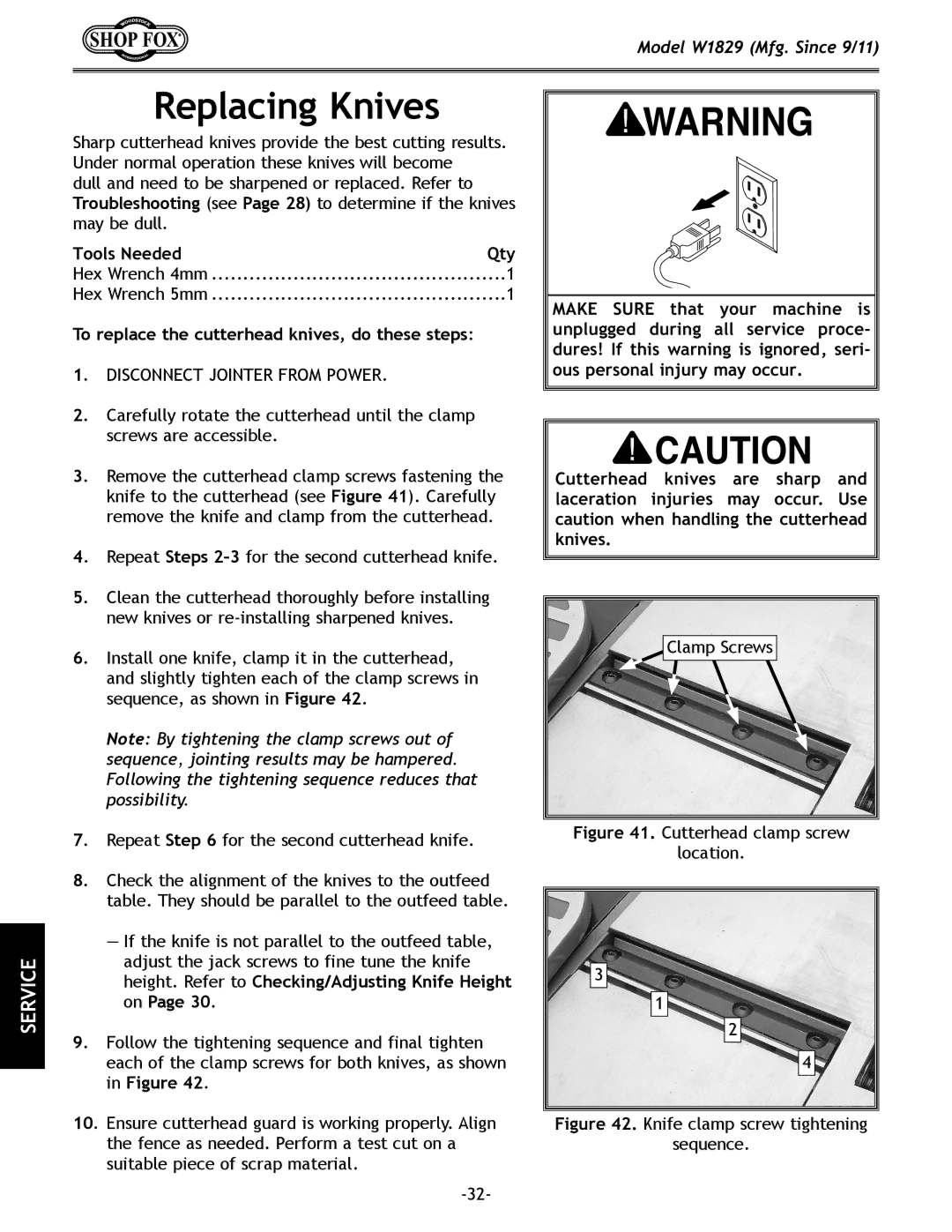 Woodstock W1829 manual Replacing Knives, Cutterhead clamp screw Location 