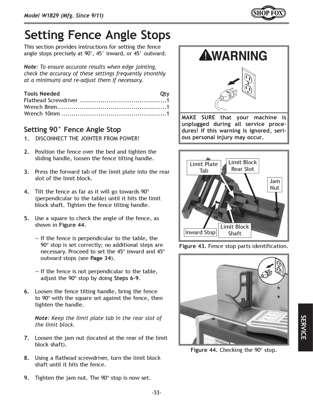 Woodstock W1829 manual Setting Fence Angle Stops, Setting 90 Fence Angle Stop 