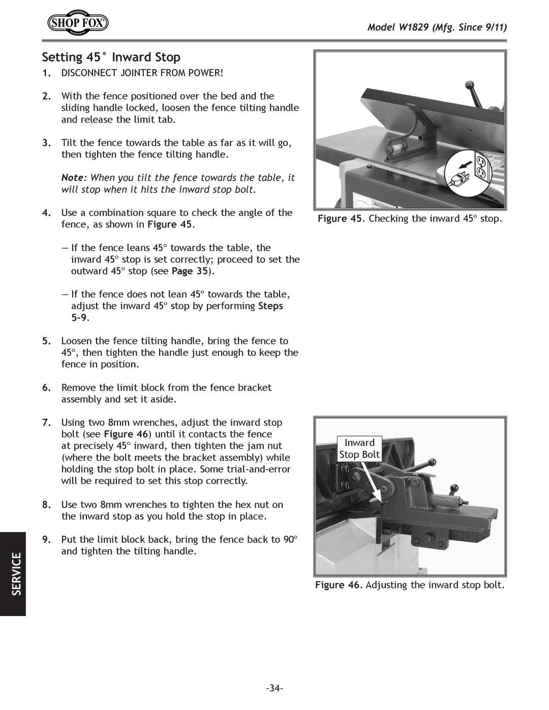 Woodstock W1829 manual Setting 45 Inward Stop, Checking the inward 45º stop Inward Stop Bolt 