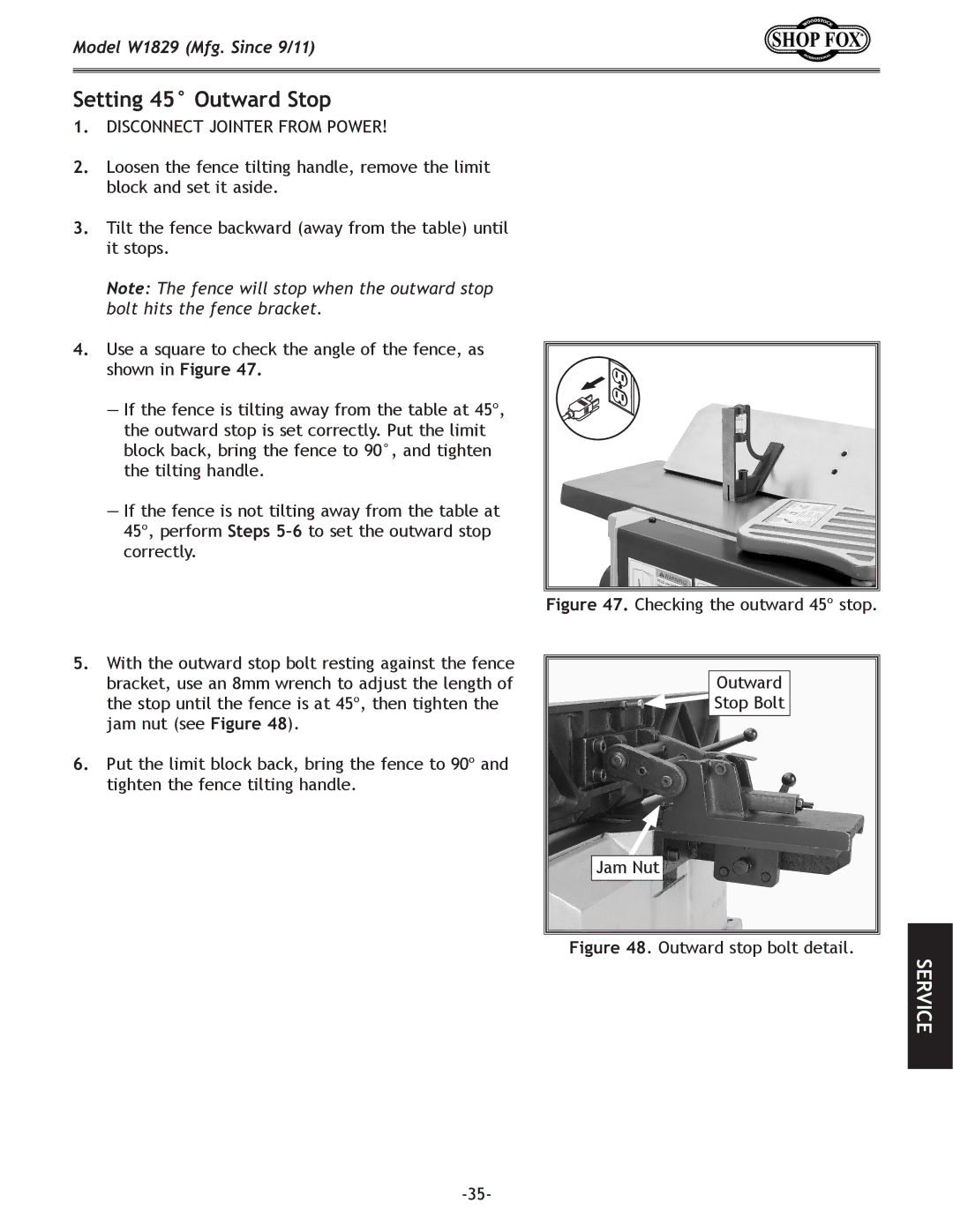 Woodstock W1829 manual Setting 45 Outward Stop, Outward stop bolt detail 