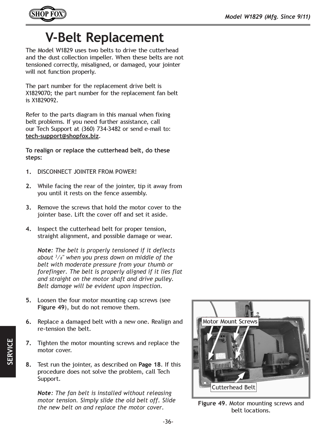 Woodstock W1829 manual Belt Replacement, To realign or replace the cutterhead belt, do these steps 