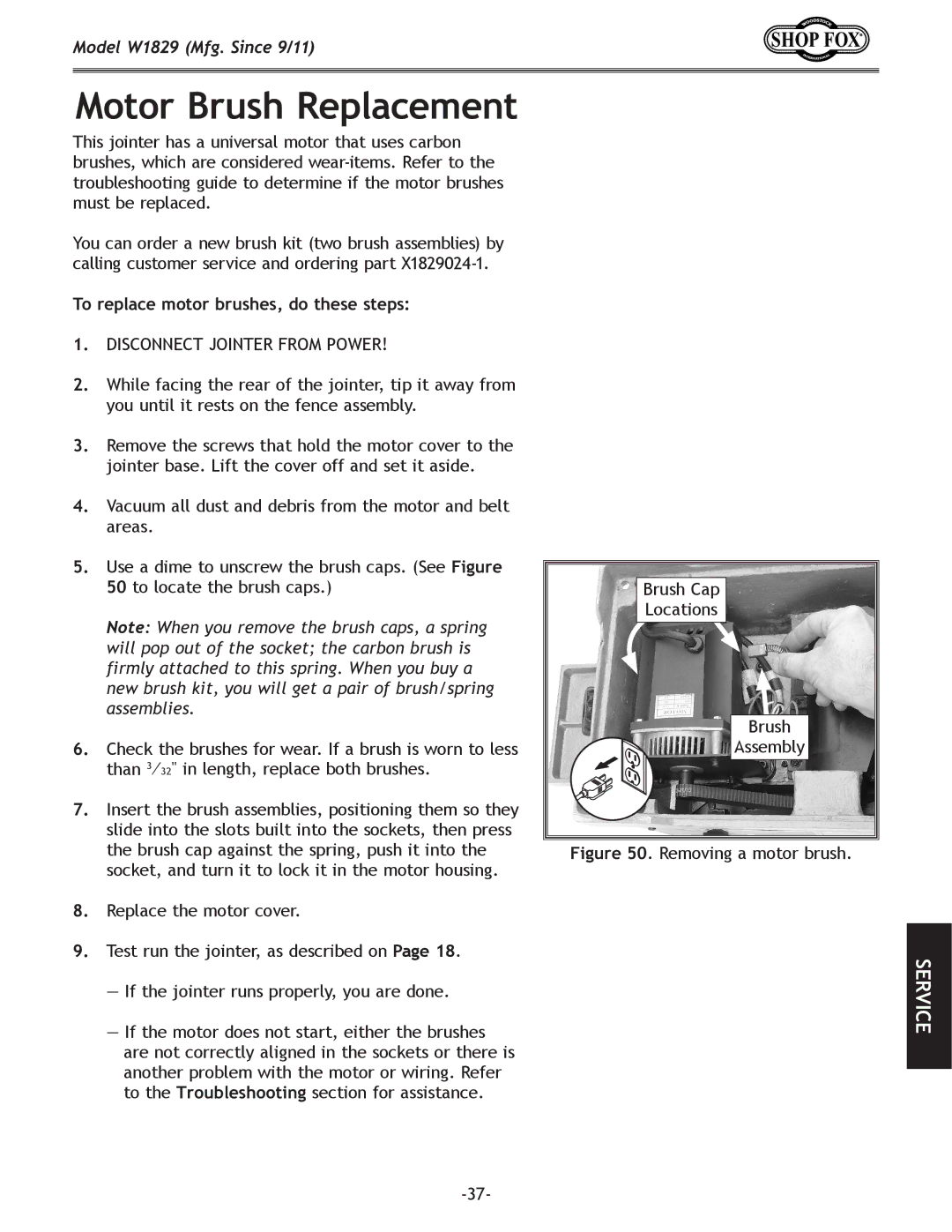 Woodstock W1829 manual Motor Brush Replacement, To replace motor brushes, do these steps 