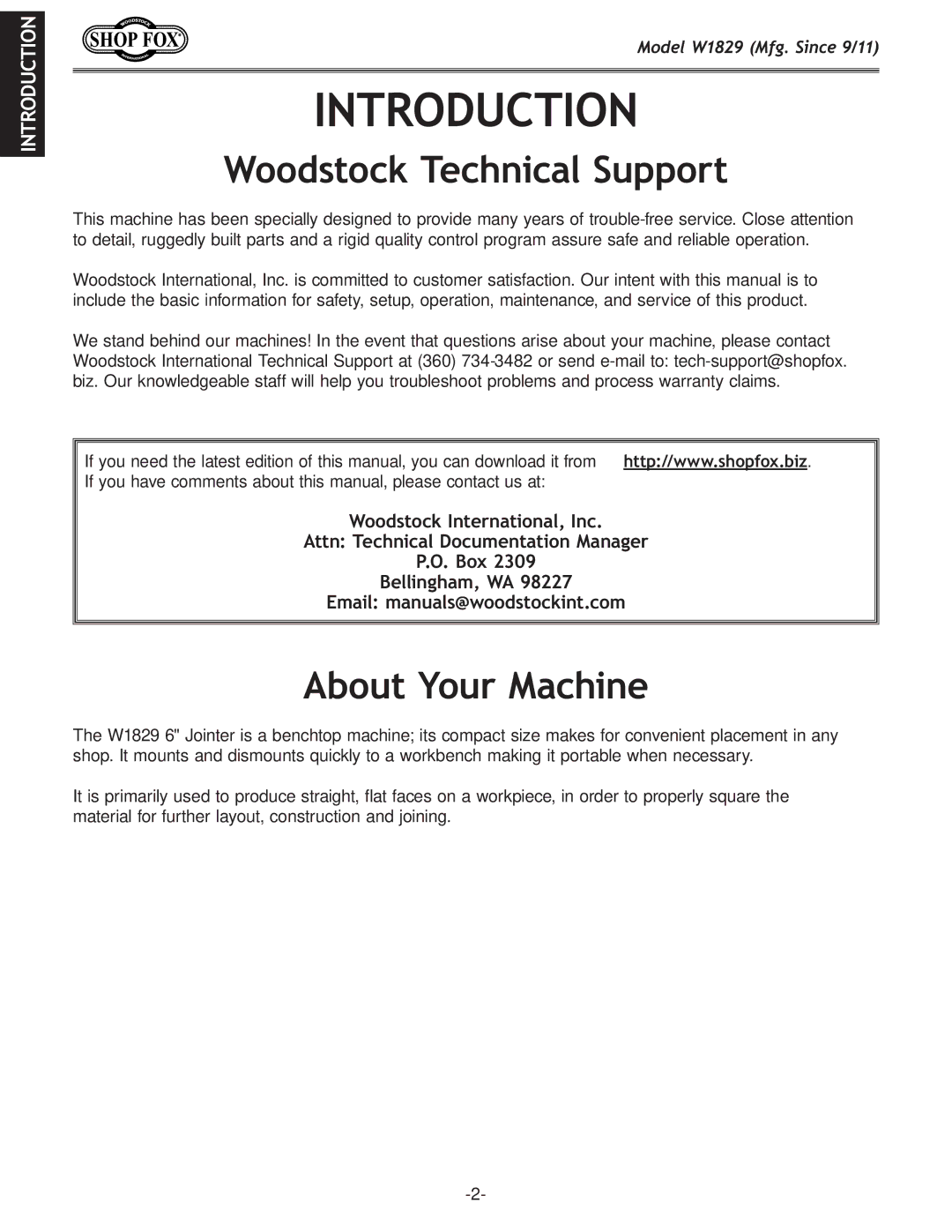 Woodstock W1829 manual Introduction, Woodstock Technical Support, About Your Machine 