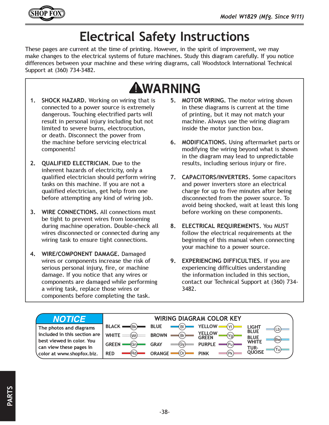 Woodstock W1829 manual Electrical Safety Instructions, Wiring Diagram Color KEY 