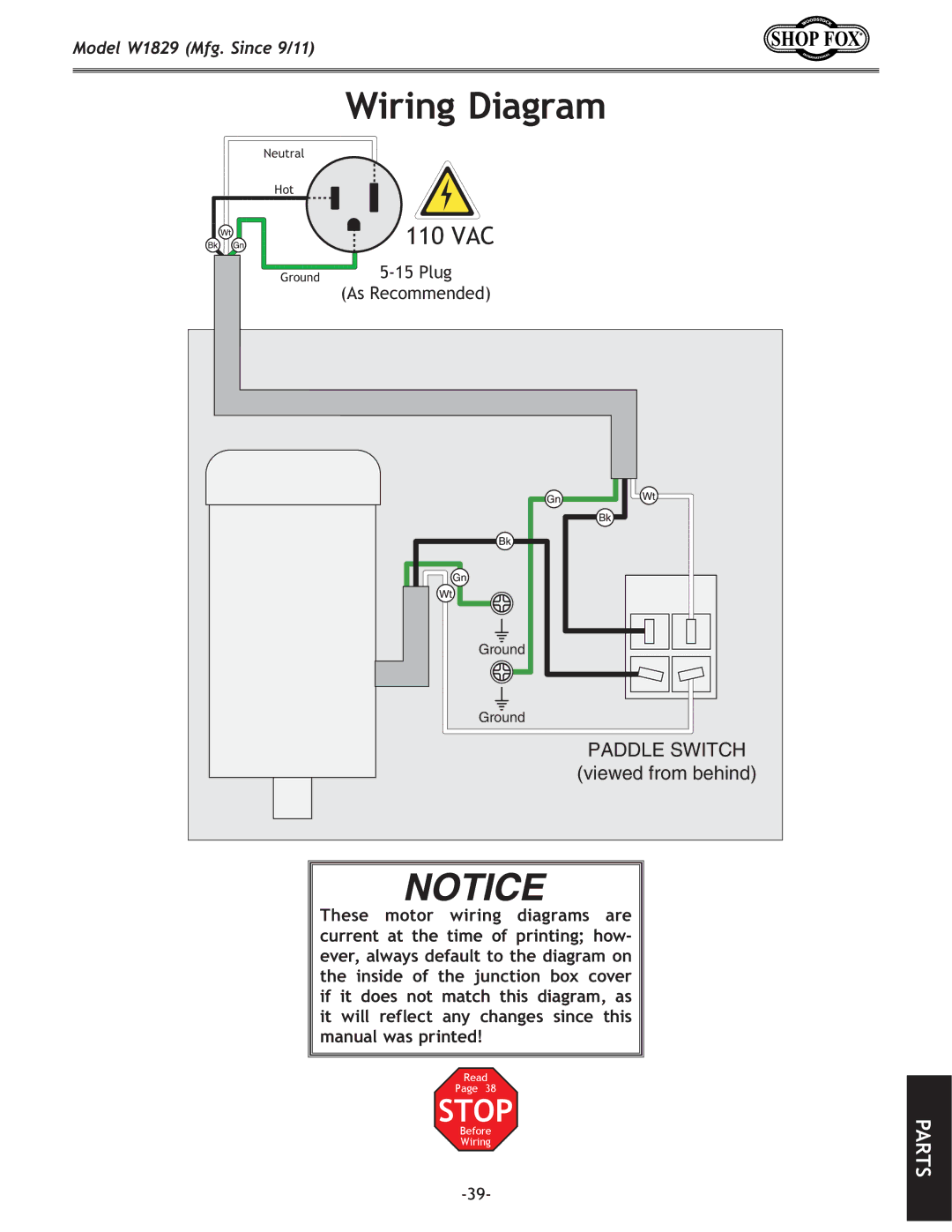 Woodstock W1829 manual Wiring Diagram, 110 VAC 