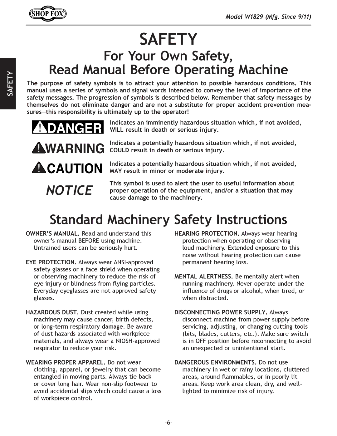 Woodstock W1829 manual Standard Machinery Safety Instructions 