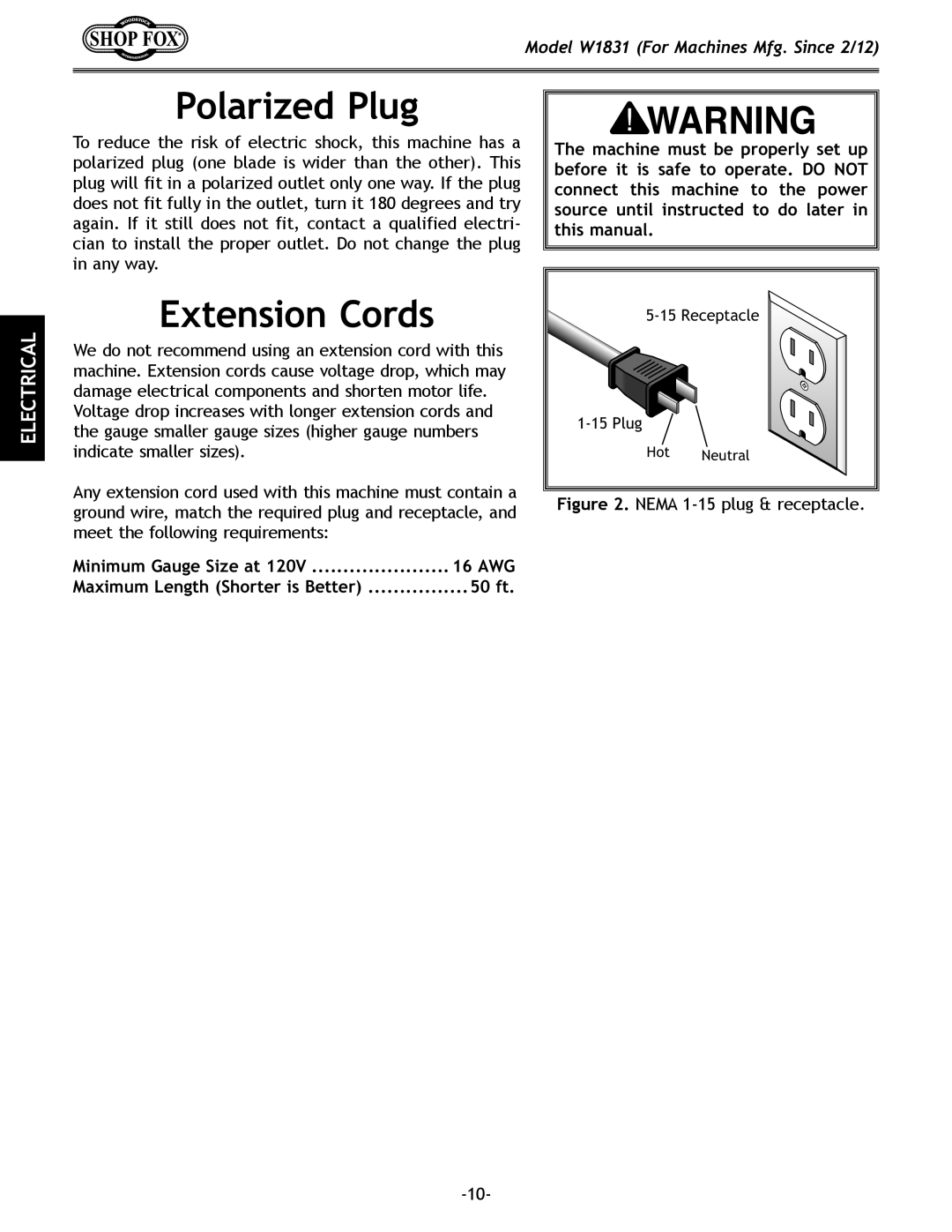 Woodstock W1831 owner manual Polarized Plug, Extension Cords 