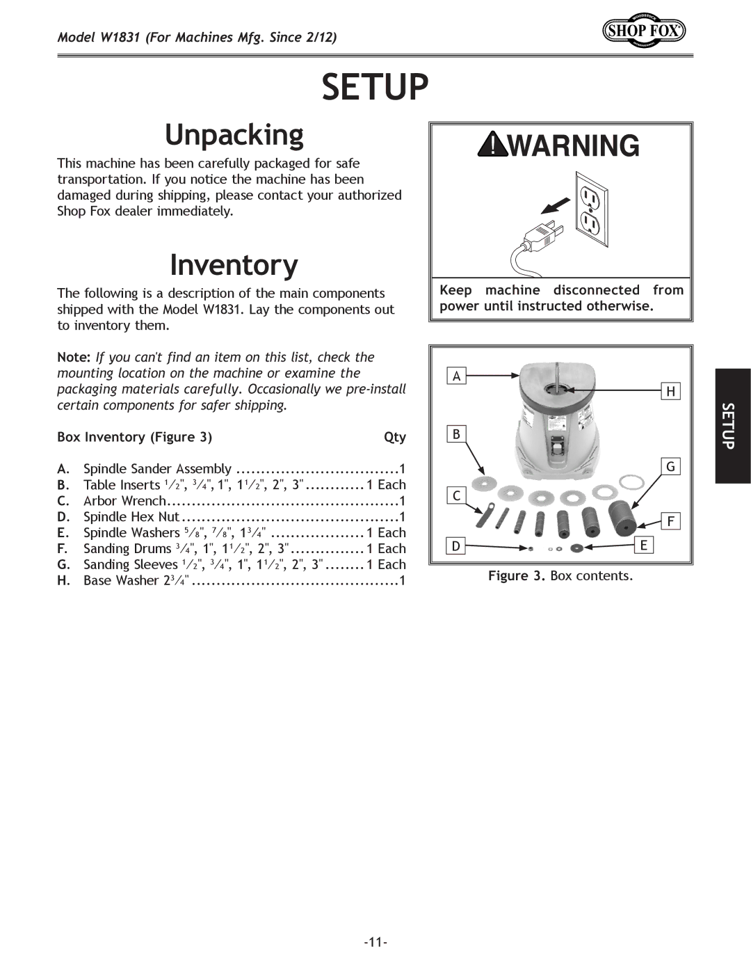 Woodstock W1831 owner manual Setup, Unpacking, Inventory 