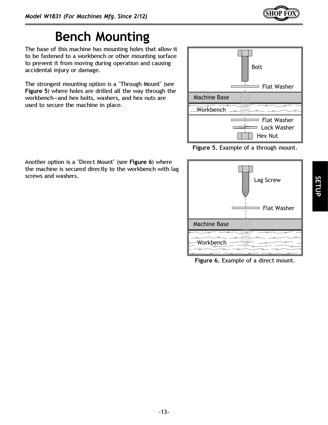 Woodstock W1831 owner manual Bench Mounting, Example of a direct mount 