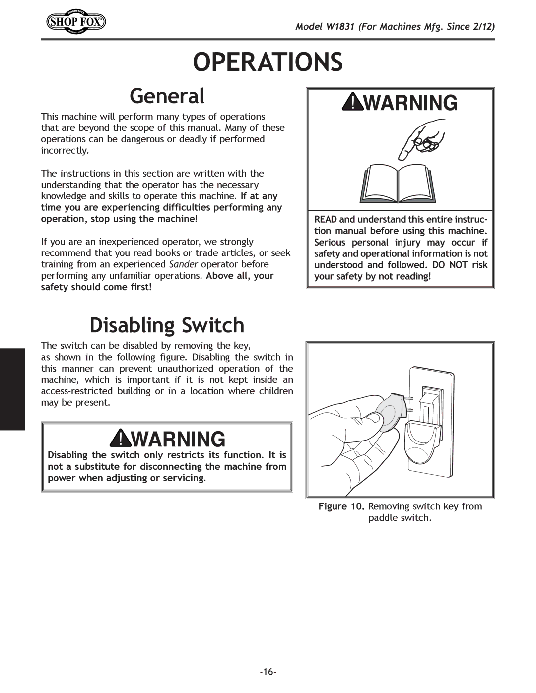 Woodstock W1831 owner manual Operations, General, Disabling Switch 