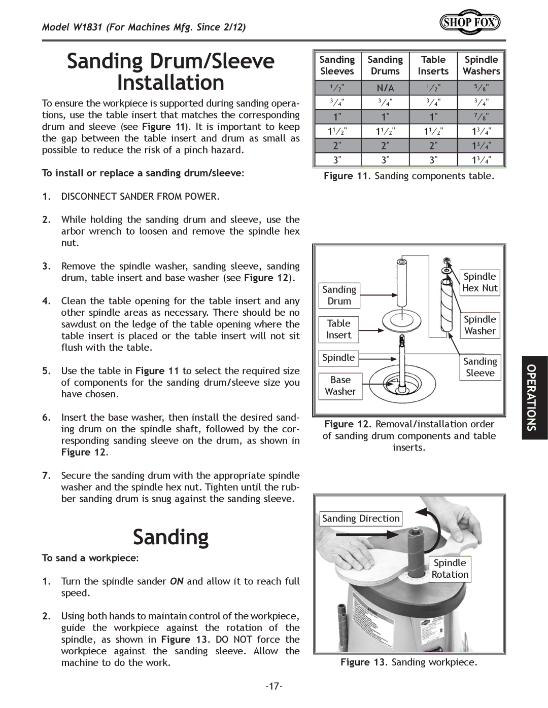 Woodstock W1831 owner manual Sanding Drum/Sleeve Installation 