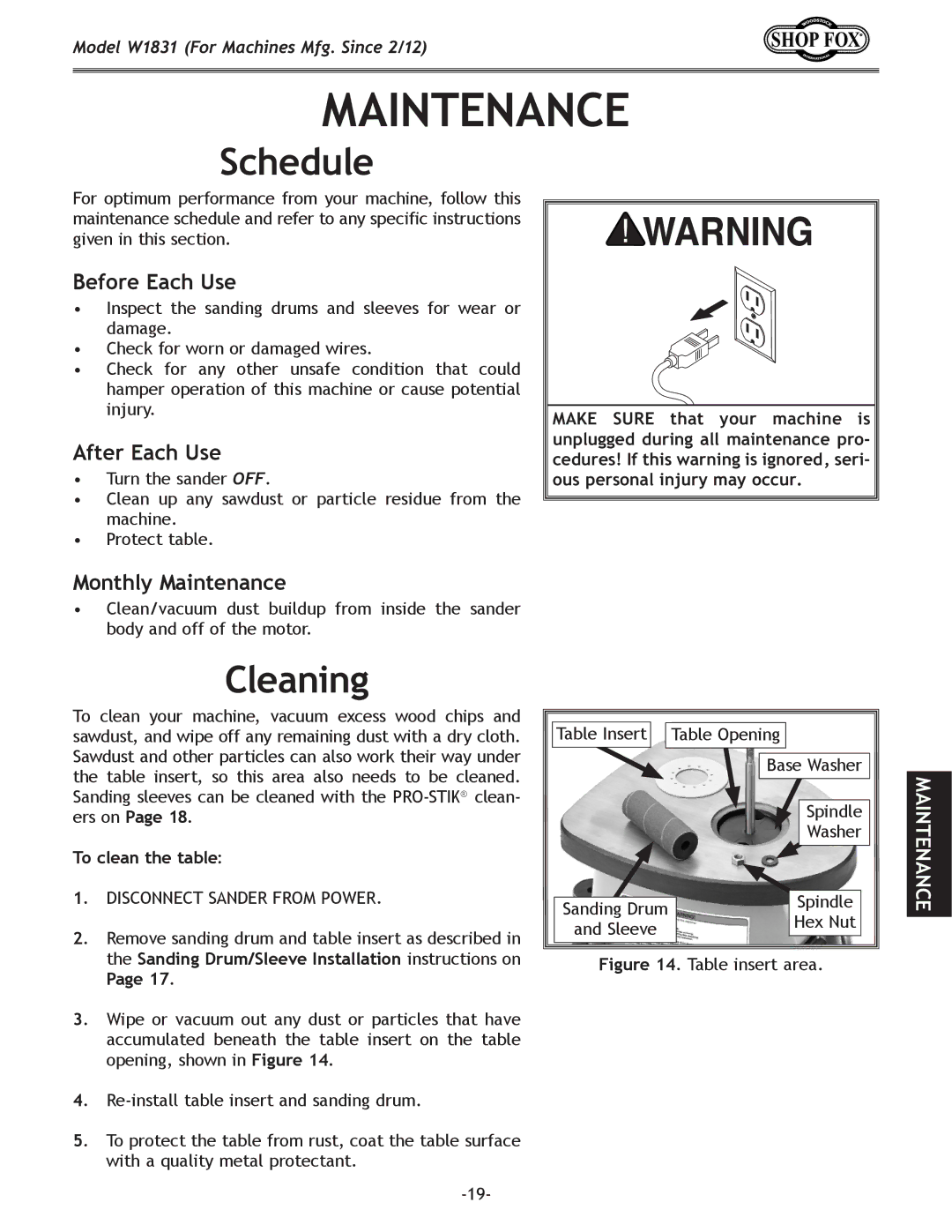 Woodstock W1831 owner manual Maintenance, Schedule, Cleaning 