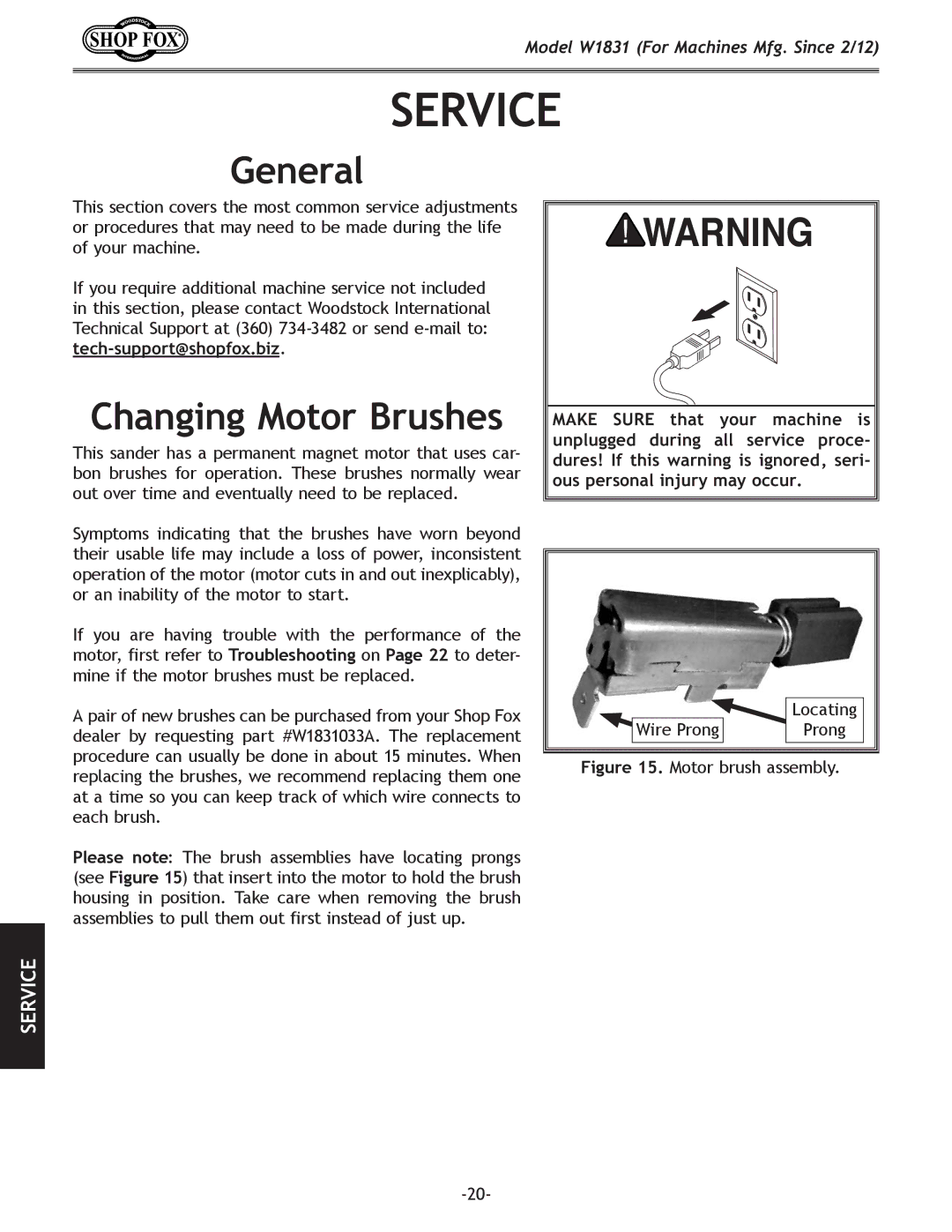 Woodstock W1831 owner manual Service, Changing Motor Brushes 