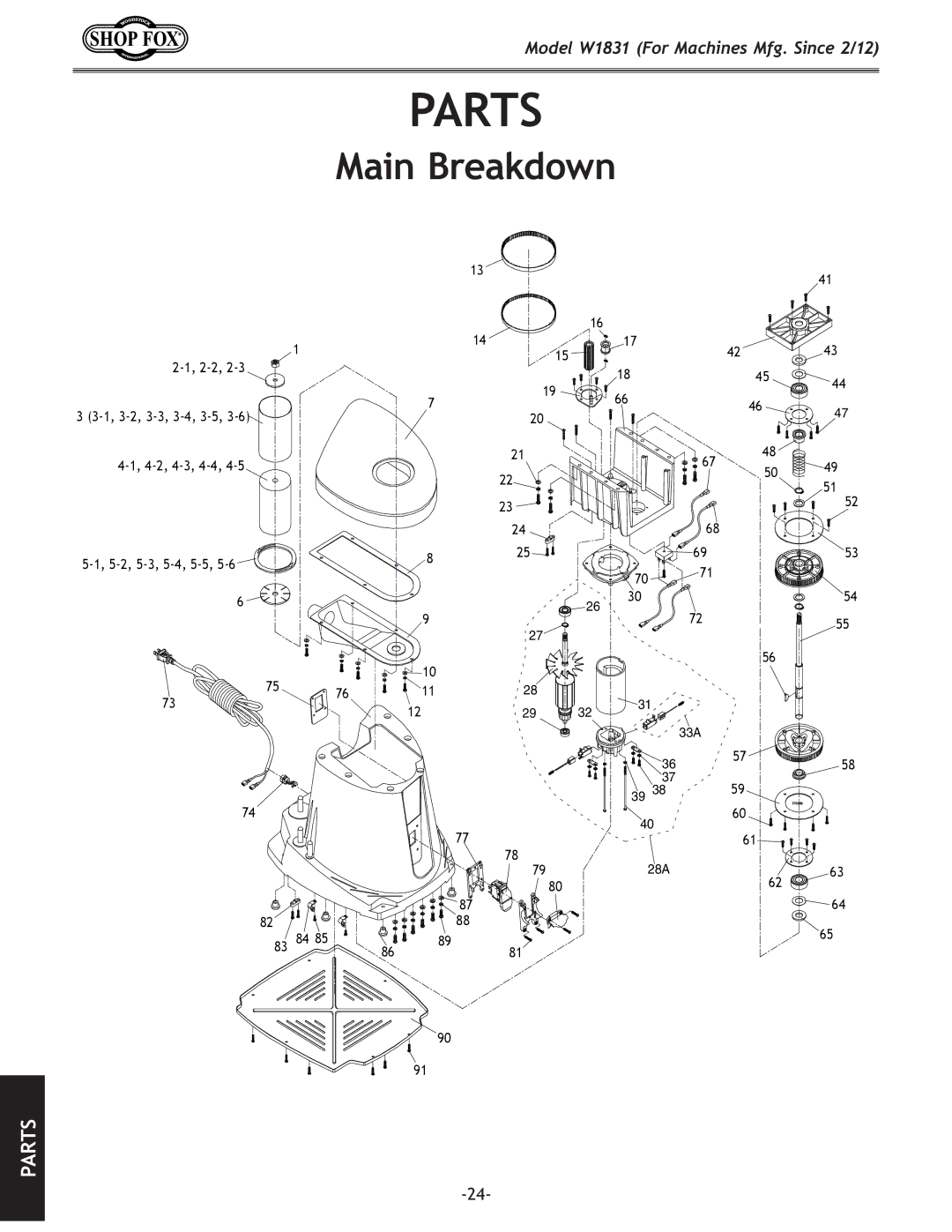 Woodstock W1831 owner manual Parts, Main Breakdown 