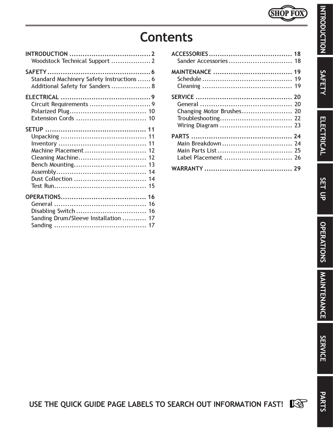 Woodstock W1831 owner manual Contents 