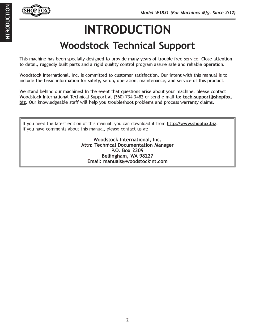 Woodstock W1831 owner manual Introduction, Woodstock Technical Support 