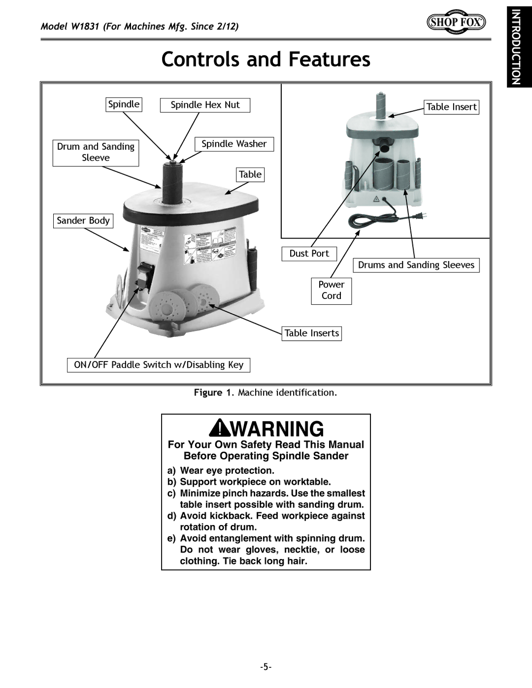 Woodstock W1831 owner manual Controls and Features, Machine identification 