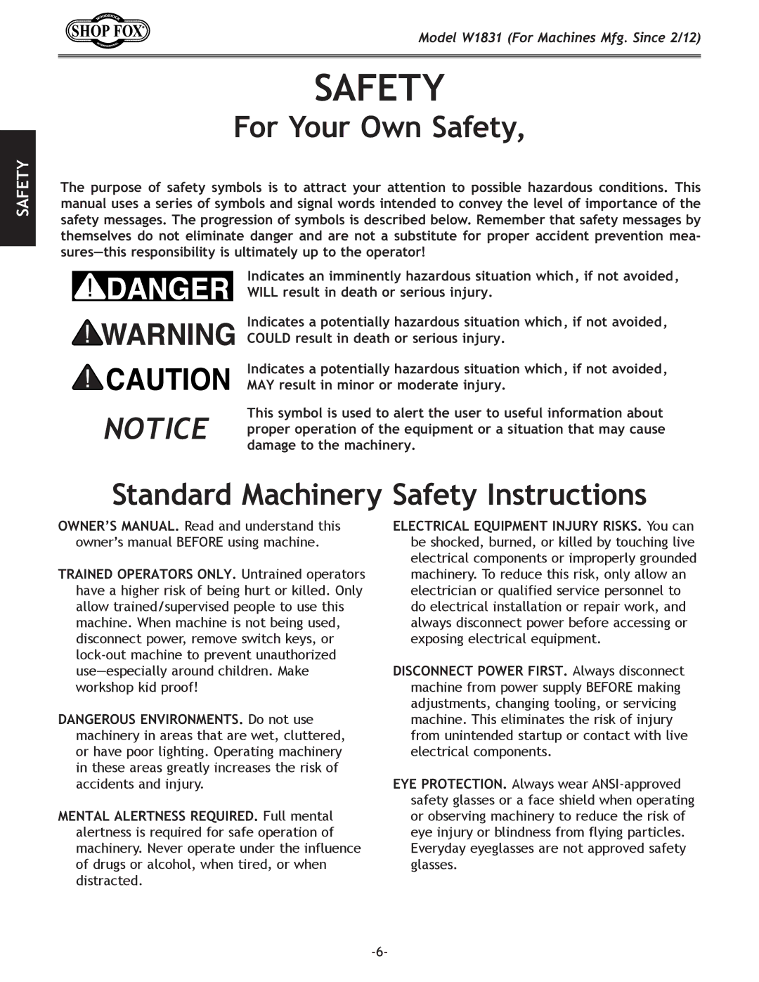 Woodstock W1831 owner manual For.Your.Own.Safety, Standard.Machinery.Safety.Instructions 