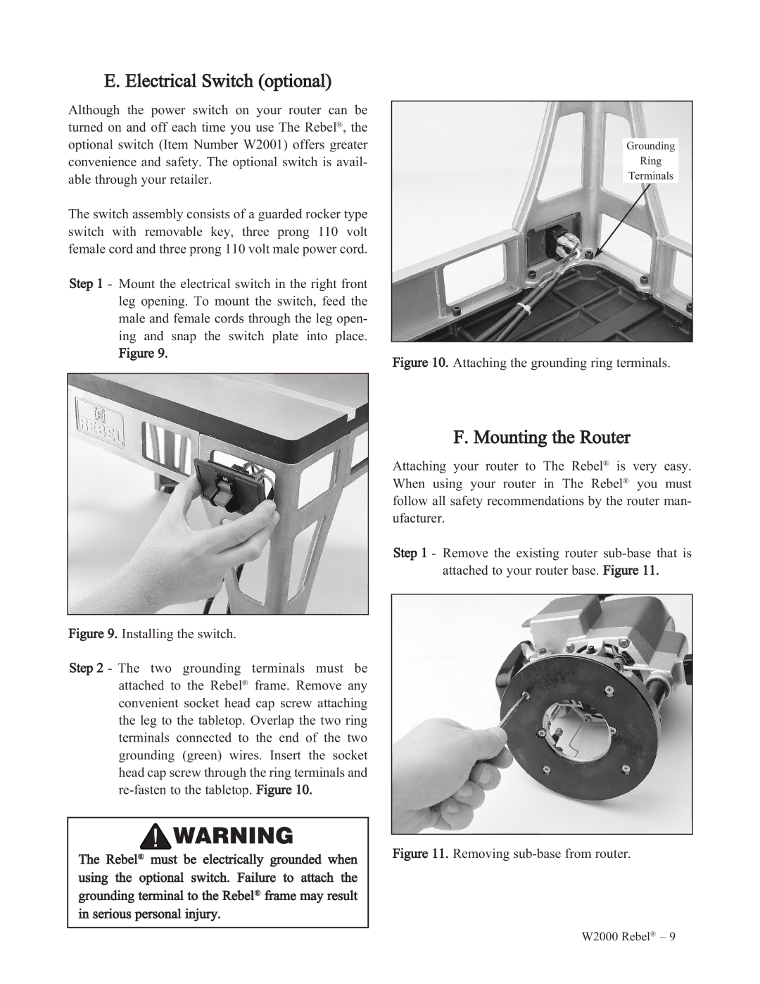 Woodstock W2000 manual Electrical Switch optional, Mounting the Router 