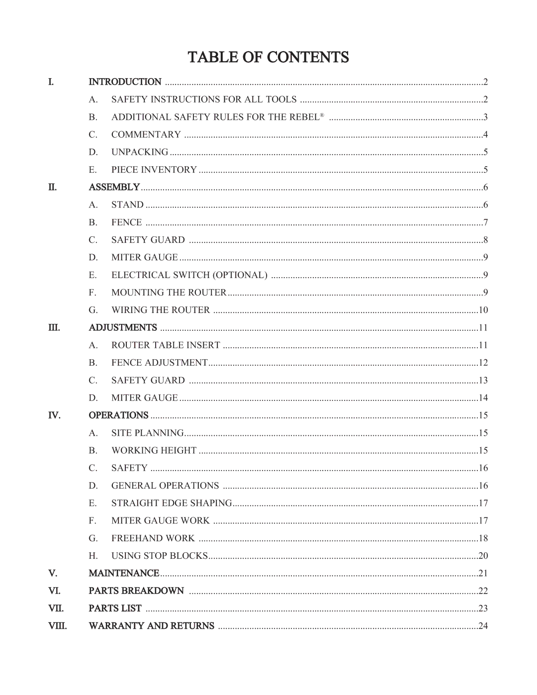 Woodstock W2000 manual Table of Contents 