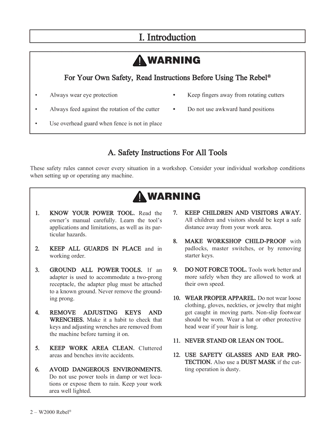 Woodstock W2000 manual Introduction, Safety Instructions For All Tools 