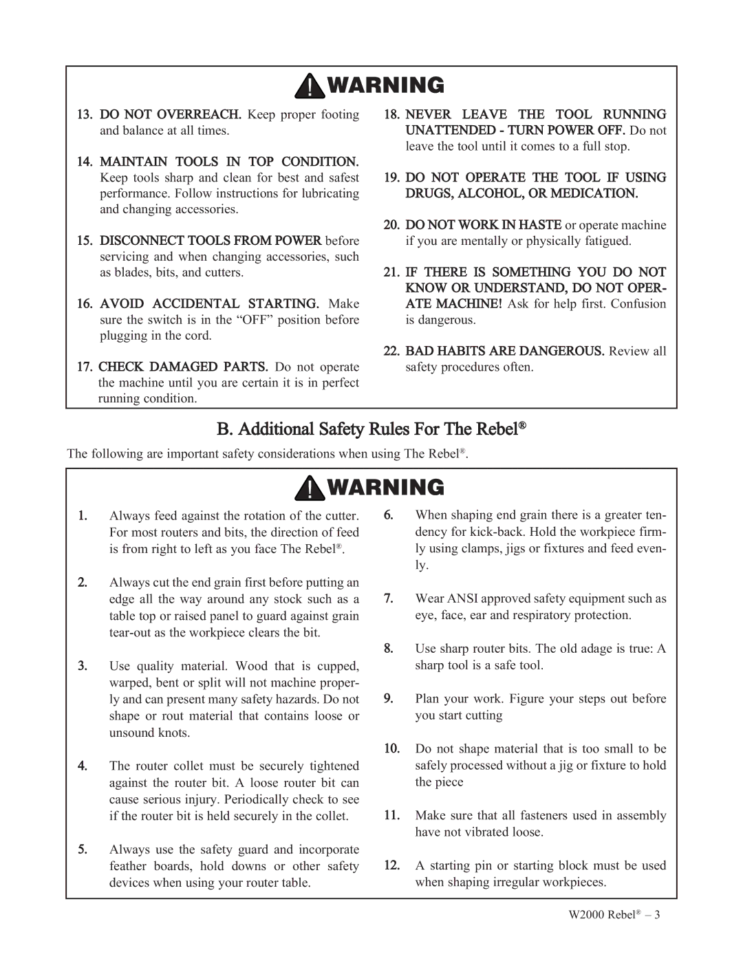 Woodstock W2000 manual Additional Safety Rules For The Rebel 