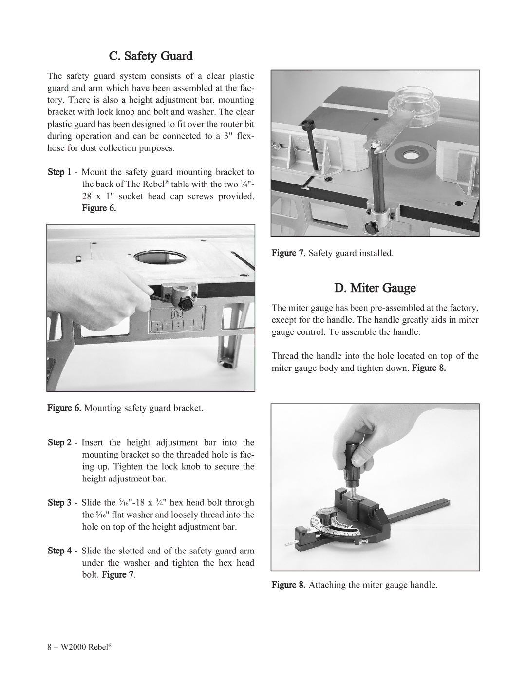 Woodstock W2000 manual Safety Guard, Miter Gauge 