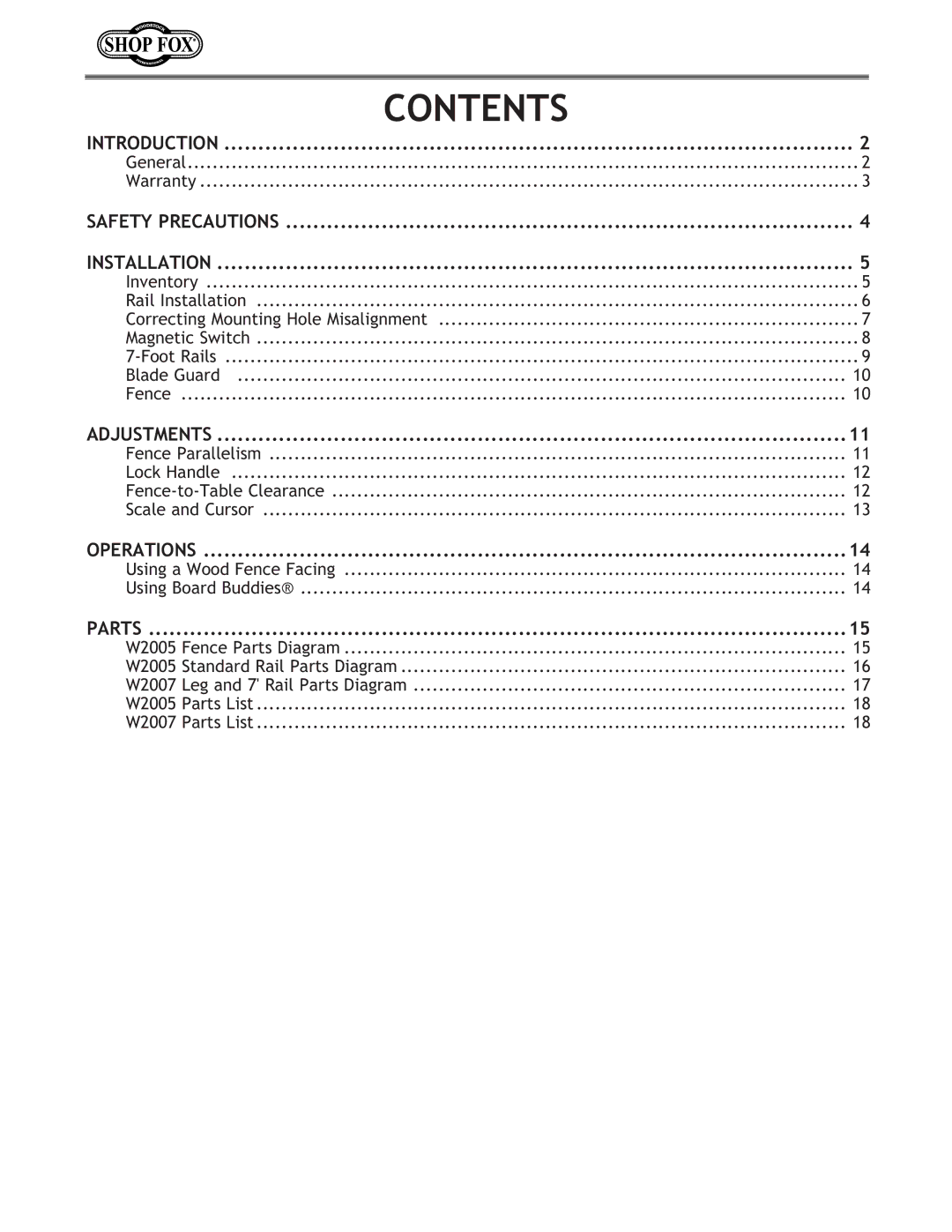 Woodstock W2005, W2007, W2006 instruction manual Contents 