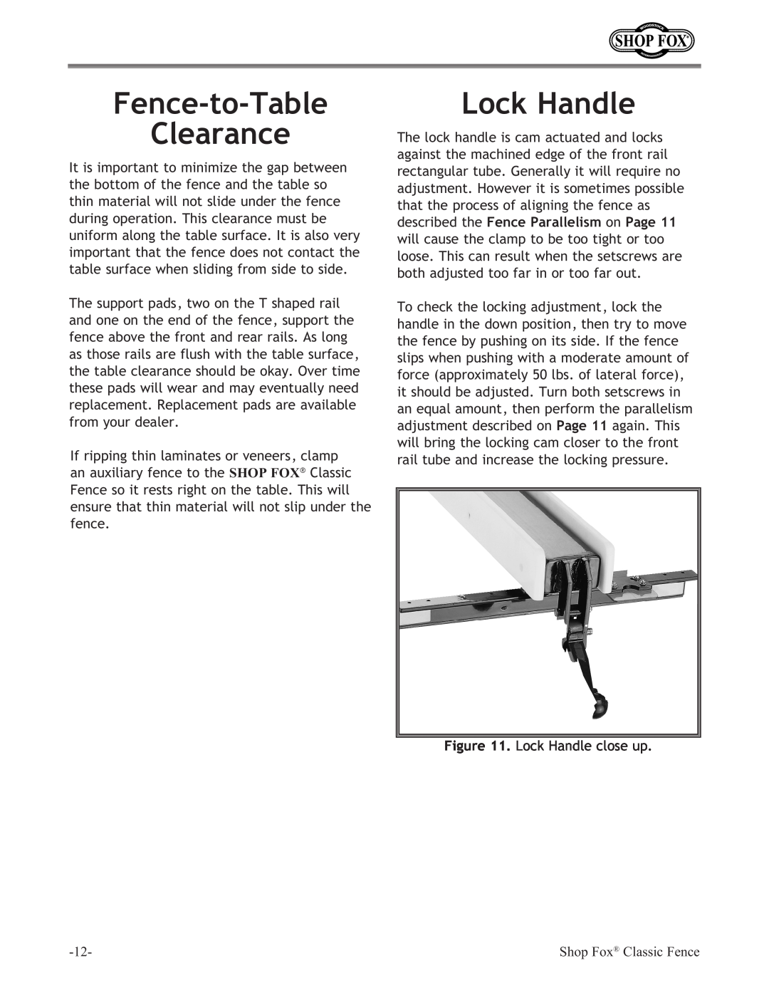 Woodstock W2006, W2005, W2007 instruction manual Fence-to-Table Clearance, Lock Handle 