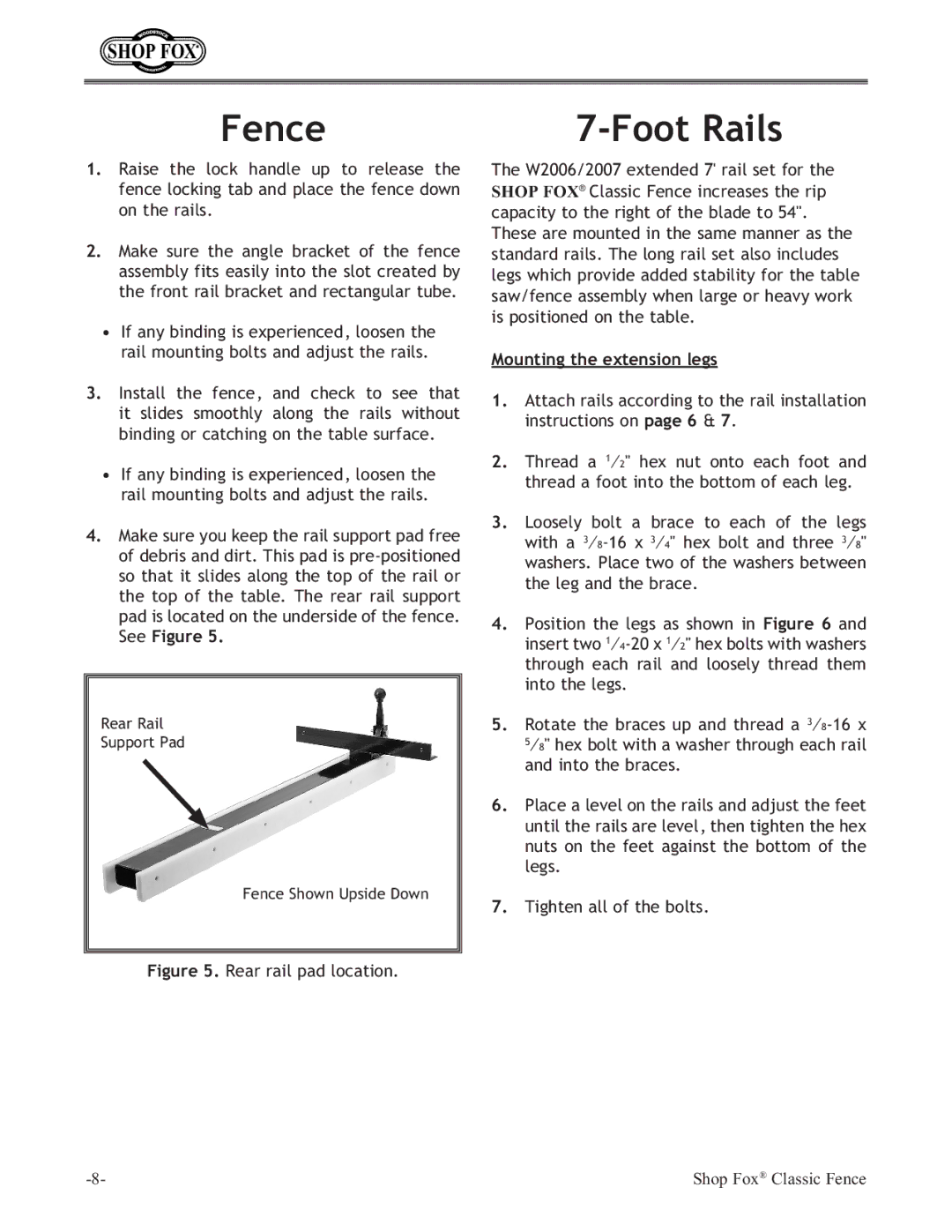 Woodstock W2005 instruction manual Fence, Foot Rails, Mounting the extension legs 