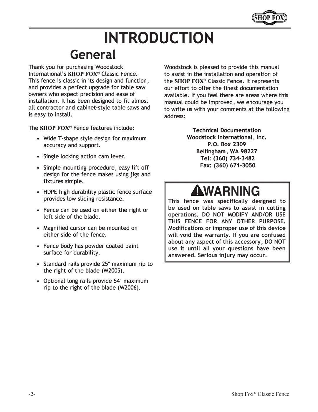 Woodstock W2005 instruction manual Introduction, General, Technical Documentation, Woodstock International, Inc P.O. Box 