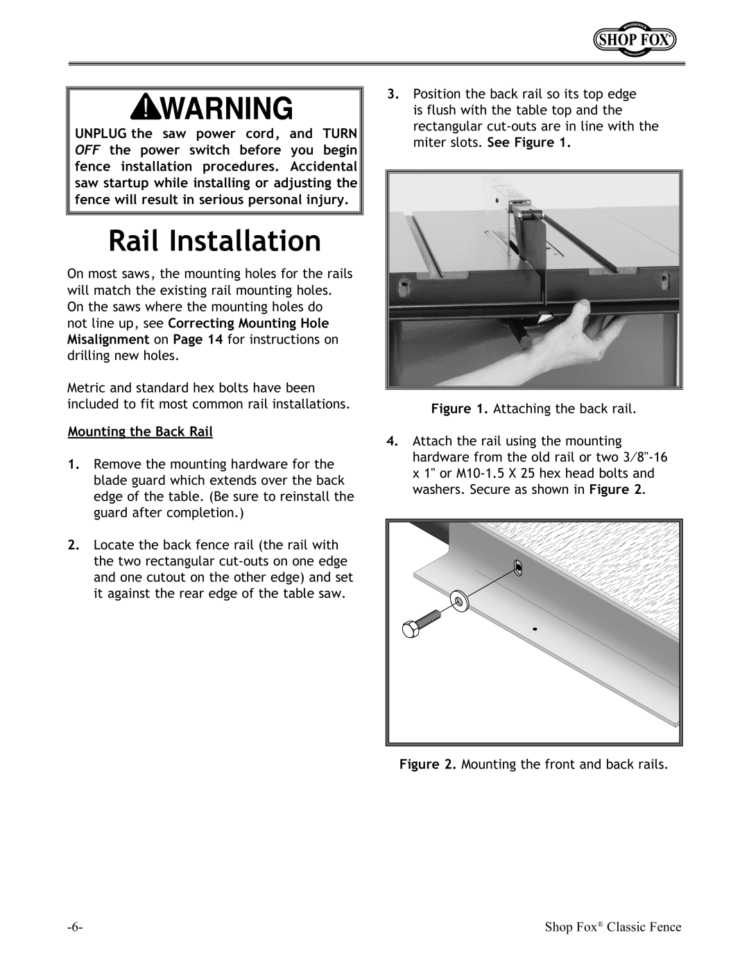 Woodstock W2005 instruction manual Rail Installation, Mounting the Back Rail 