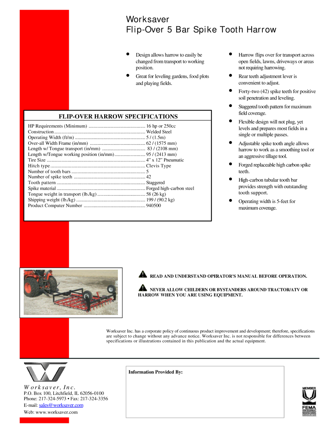 Worksaver 250cc manual Worksaver Flip-Over 5 Bar Spike Tooth Harrow, Remarkable, Value, FLIP-OVER Harrow Specifications 