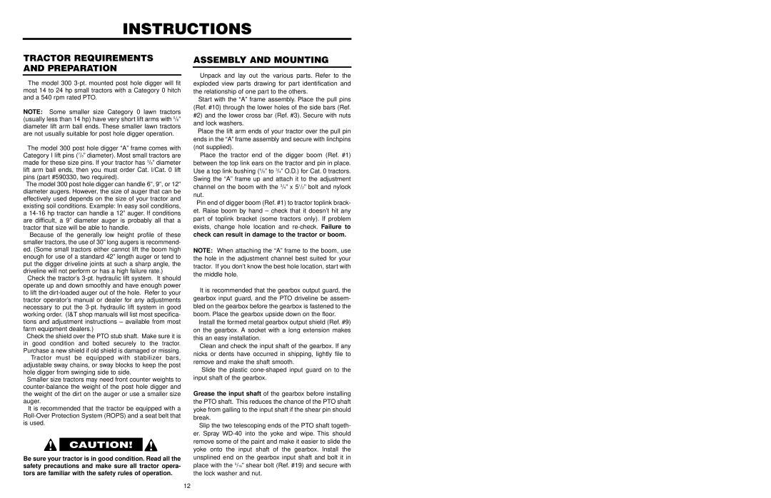 Worksaver 300 operating instructions Instructions, Tractor Requirements and Preparation, Assembly and Mounting 