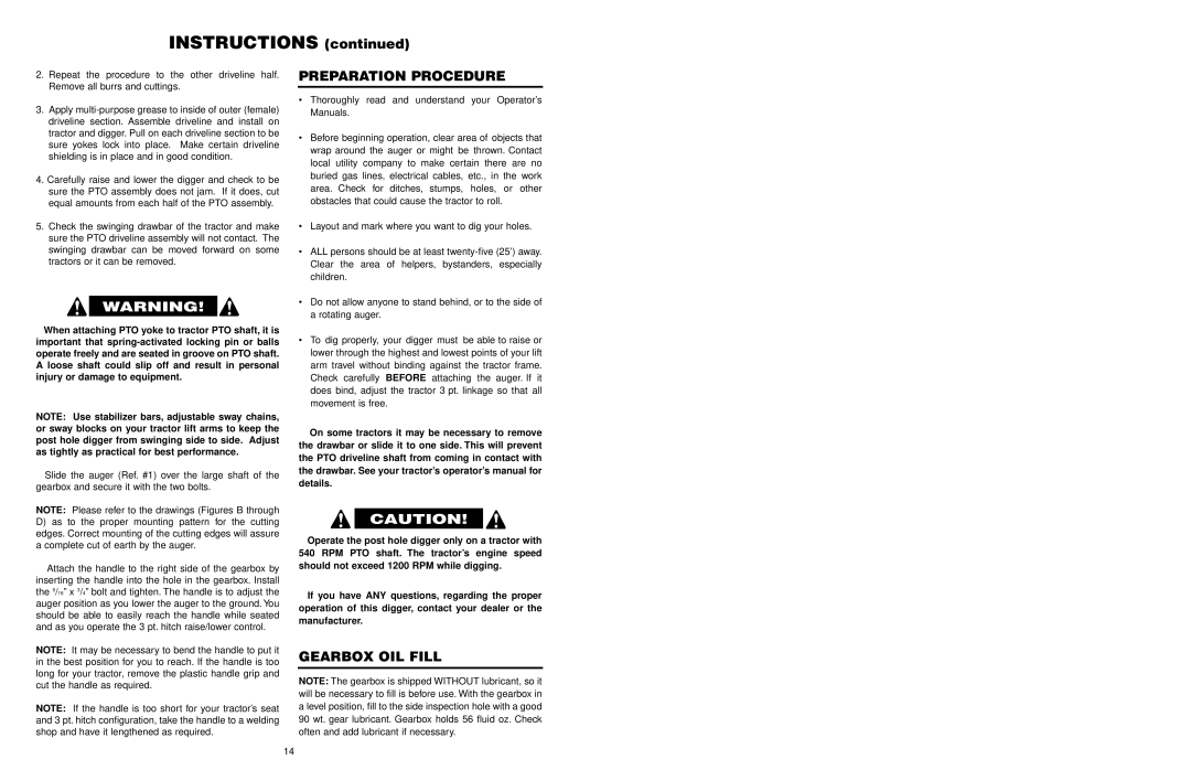 Worksaver 300 operating instructions Preparation Procedure, Gearbox OIL Fill 