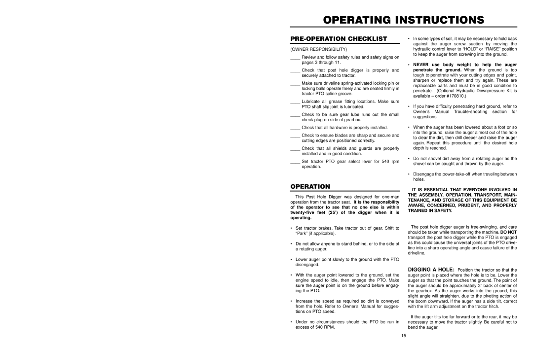 Worksaver 300 operating instructions Operating Instructions, PRE-OPERATION Checklist, Operation 