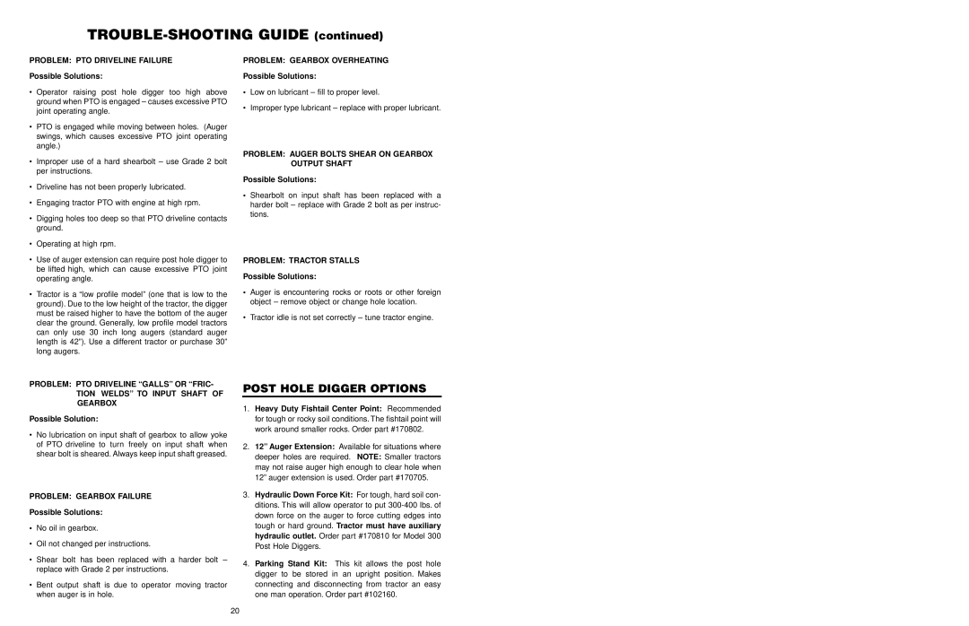 Worksaver 300 operating instructions TROUBLE-SHOOTING Guide, Post Hole Digger Options 