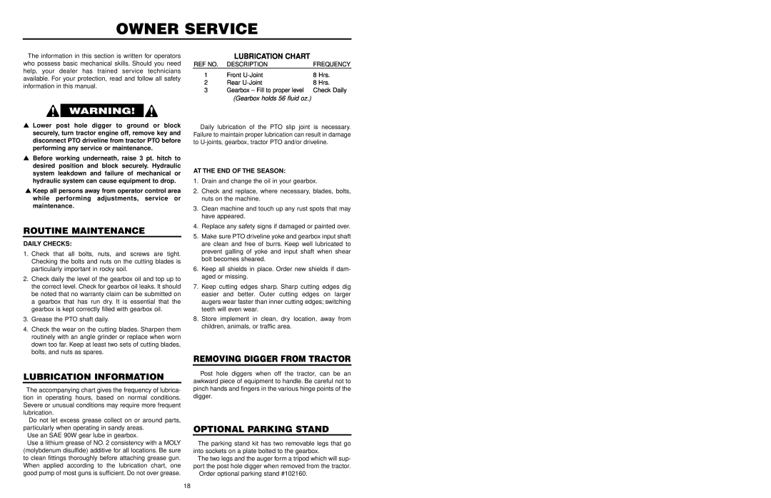 Worksaver 300 Owner Service, Routine Maintenance, Lubrication Information, Removing Digger From Tractor, Lubrication Chart 