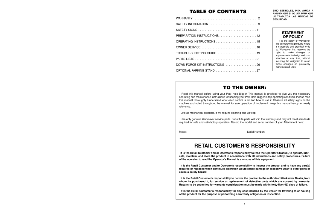 Worksaver 300 operating instructions Table Of Contents, To The Owner, Statement Of Policy, Retail Customer’S Responsibility 