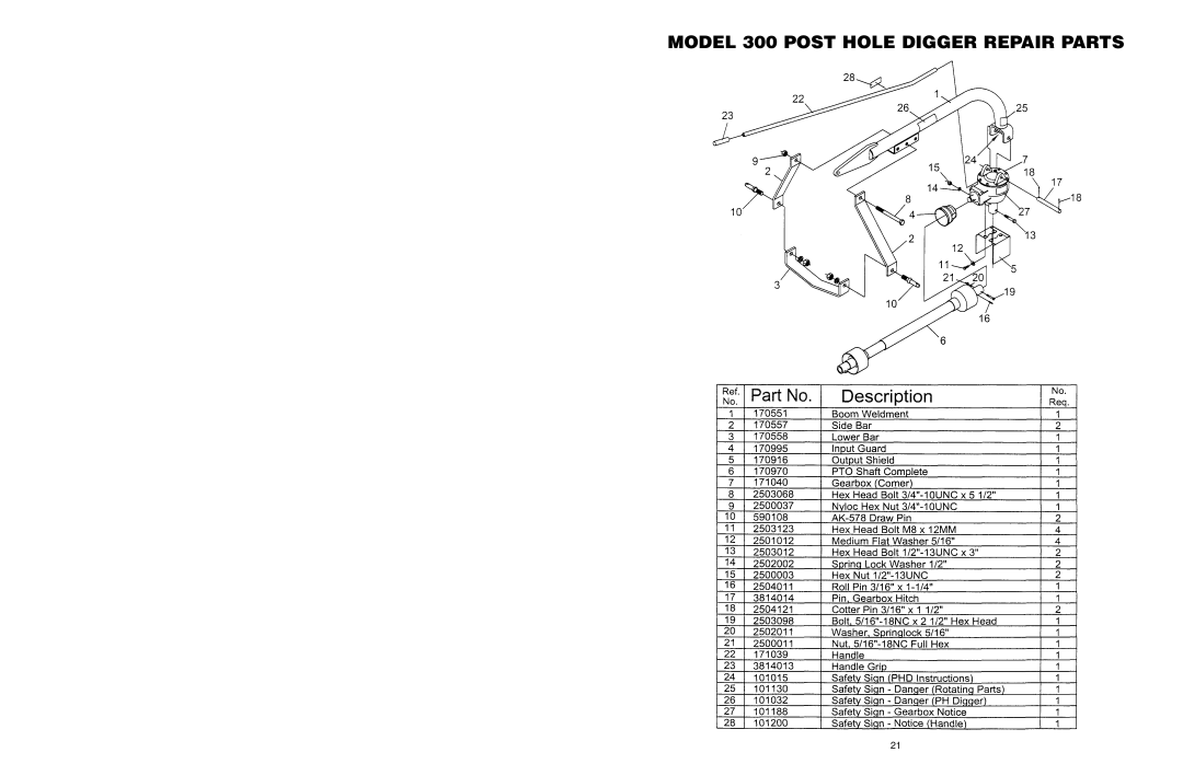 Worksaver operating instructions MODEL 300 POST HOLE DIGGER REPAIR PARTS 