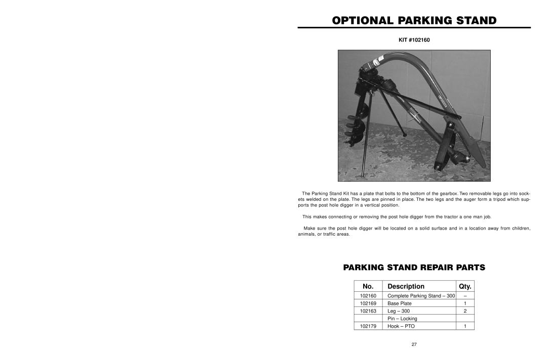 Worksaver 300 operating instructions Optional Parking Stand, Parking Stand Repair Parts, KIT #102160, Description 