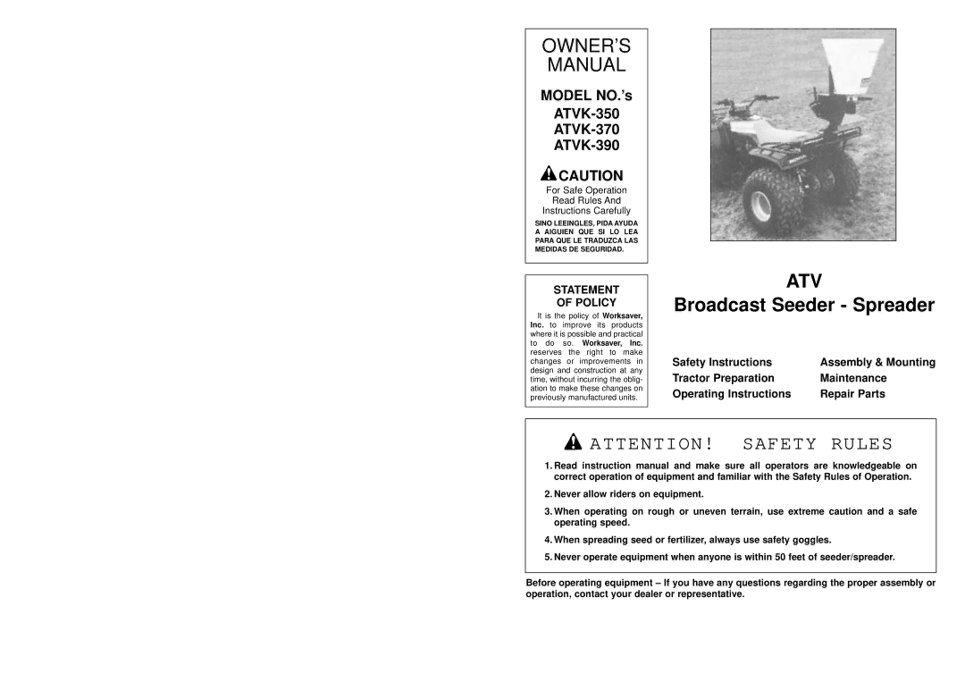 Worksaver ATVK-350, ATVK-370, ATVK-390 operating instructions Atv 