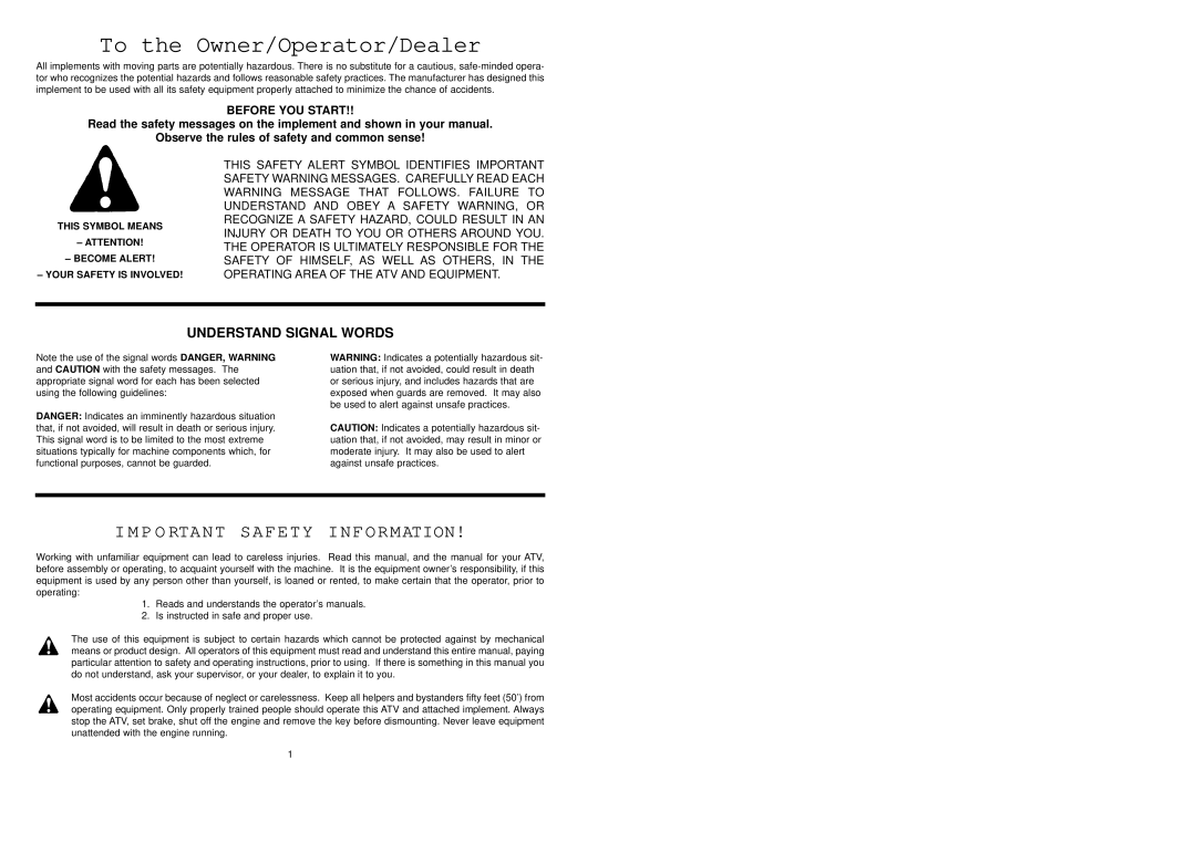 Worksaver ATVK-350, ATVK-370, ATVK-390 operating instructions To the Owner/Operator/Dealer 